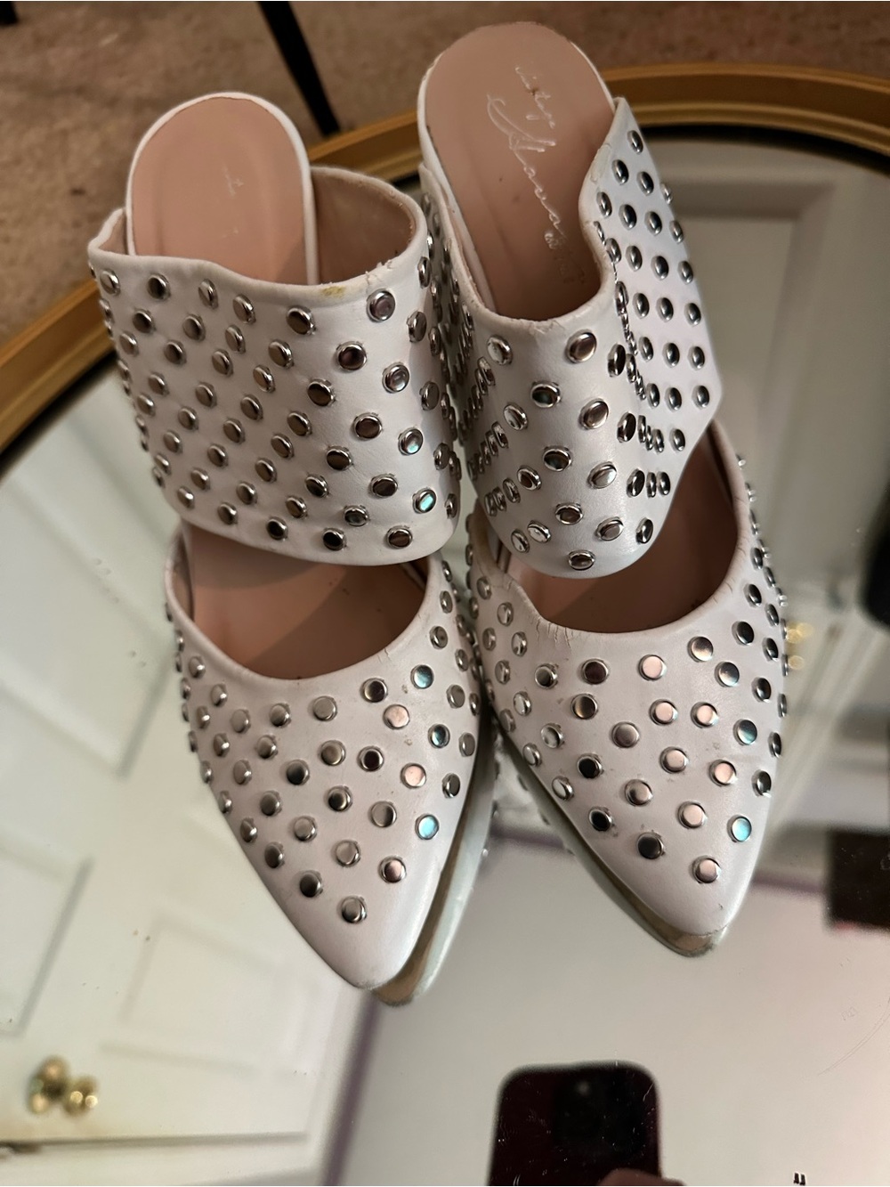 Silver studded, White leather, block heel, open toe women shoe by Vintage Havana